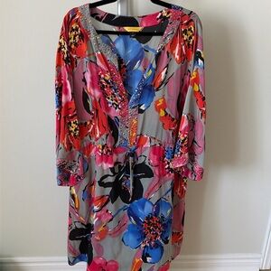St. John silk blend floral tunic midi dress with rhinestone accents, size XL